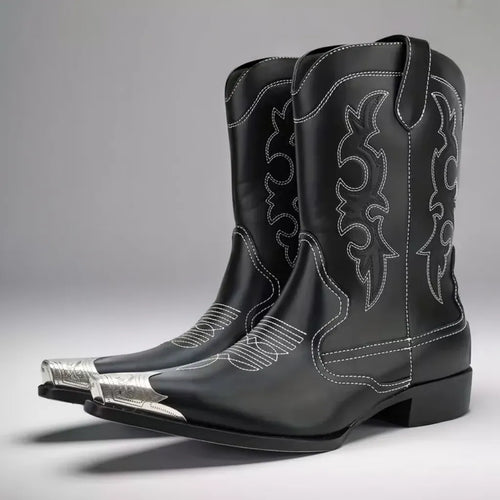 Men’s Pointed Toe Cowboy Boots Retro Colour-Block Design