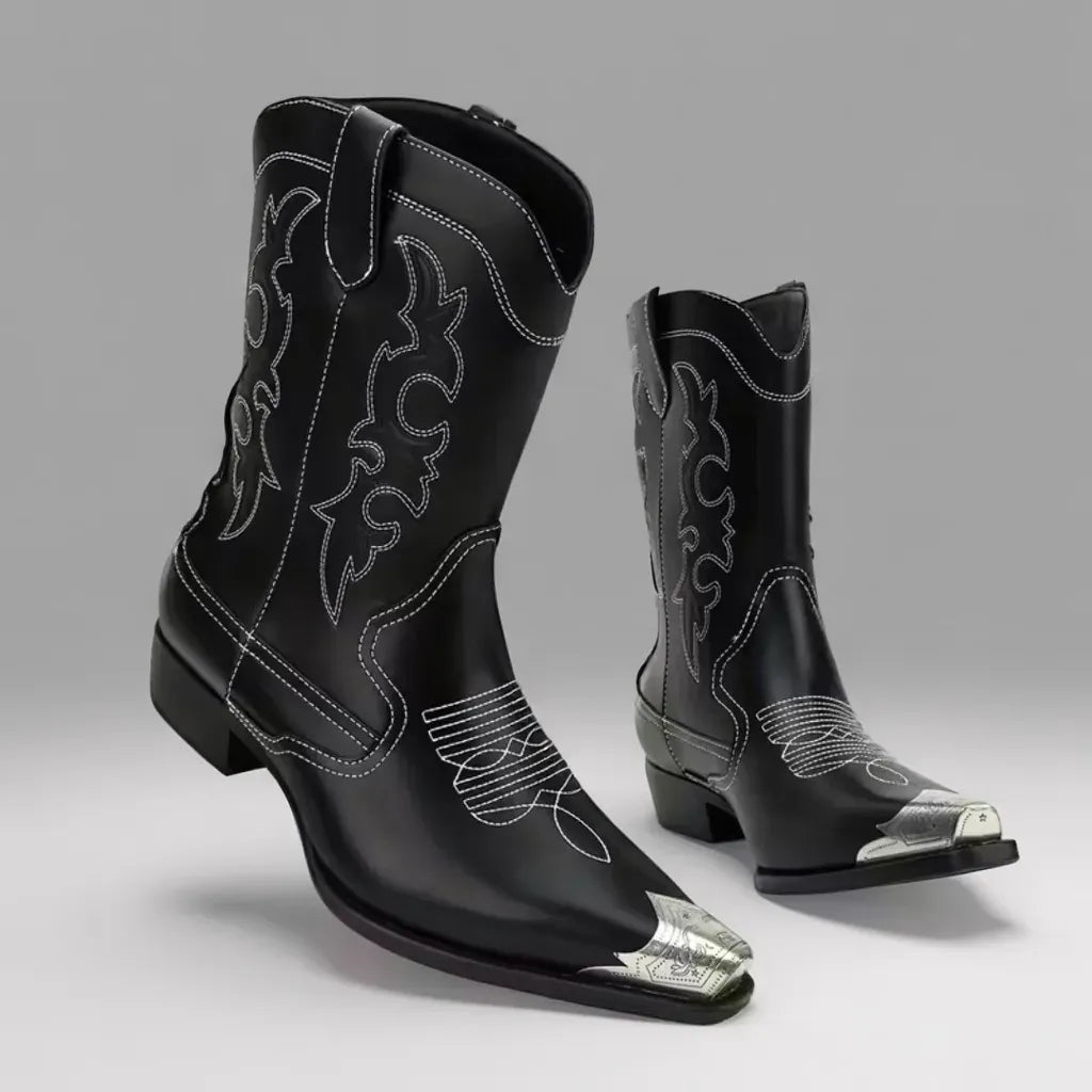 Men’s Pointed Toe Cowboy Boots Retro Colour-Block Design