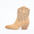 Nude Faux Suede Embellished Laser Cut Western Boots